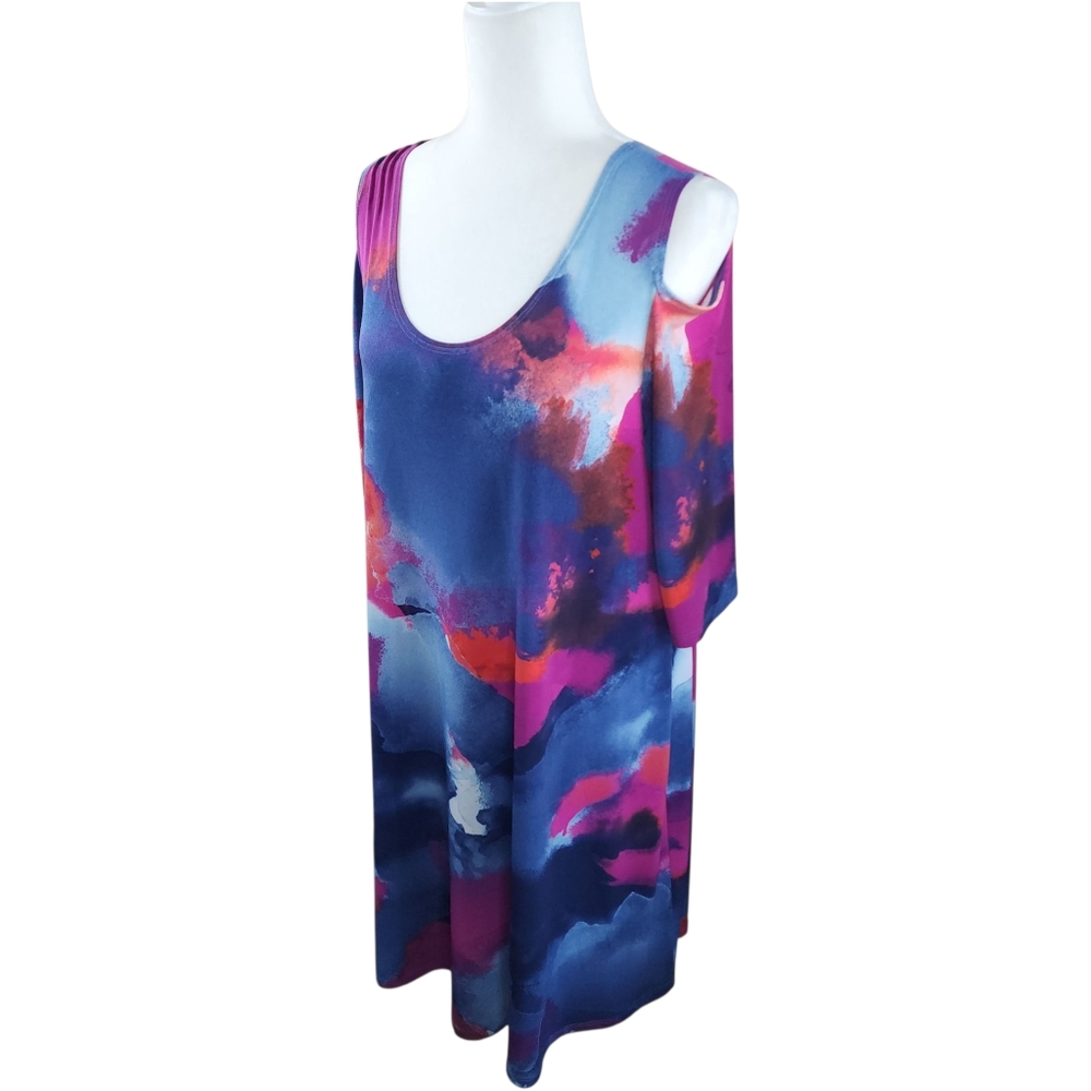 Clara Sunwoo Colorful Abstract Relaxed  Cold Shoulder Stretch Dress Size Large
